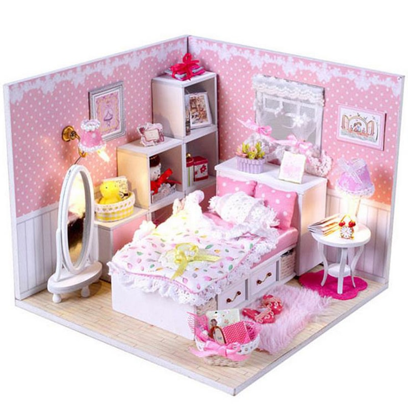 Diy 3d 나무 인형 집 미니어처 공주 소녀의 핑크 침실 모델 키트 커버와 led 가구 공예 인형 집
